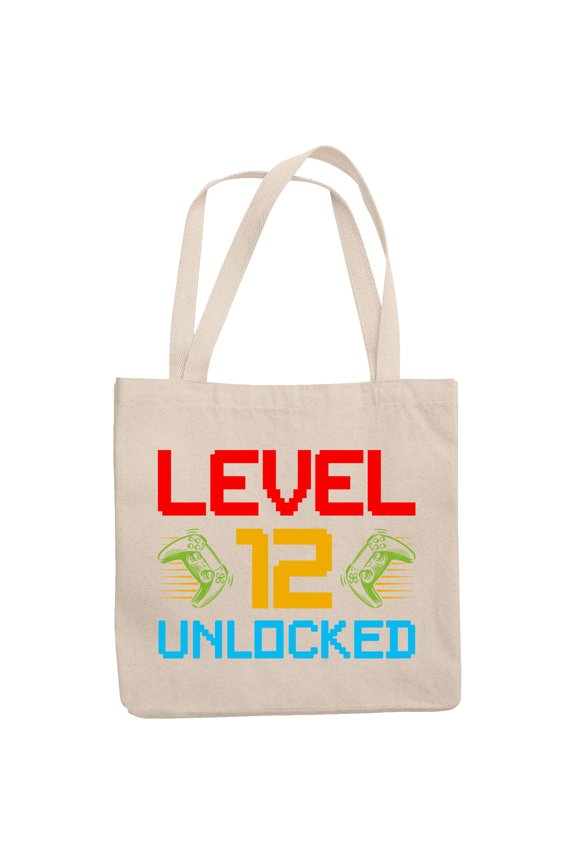 Level 12 Unlocked, Gaming Enthusiast or Video Gamer Birthday, 12oz Canvas Tote Bag