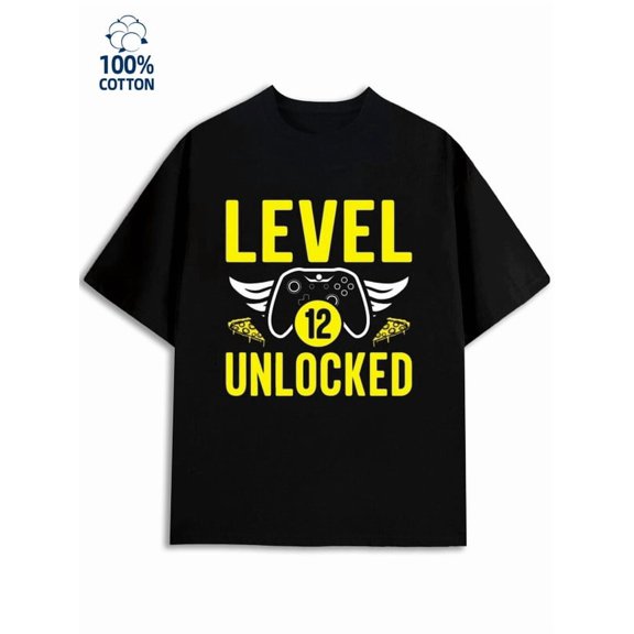 Level 12 Unlocked for men games 180G 100% Cotton black funny game Retro Unisex Shirt Crewneck tshirts Unique Design Unisex Shirt Printed tshirts Trendy Unisex Shirt Graphic tshirts