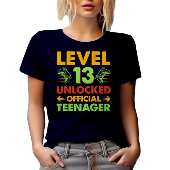 Level 13 Unlocked Official Teenager - Gaming Enthusiast or Video Gamer 13th Birthday, Navy Blue T-Shirt, Medium
