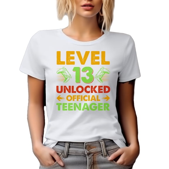 Level 13 Unlocked, Official Teenager, Gaming Enthusiast or Video Gamer 13th Birthday, White T-Shirt, Large