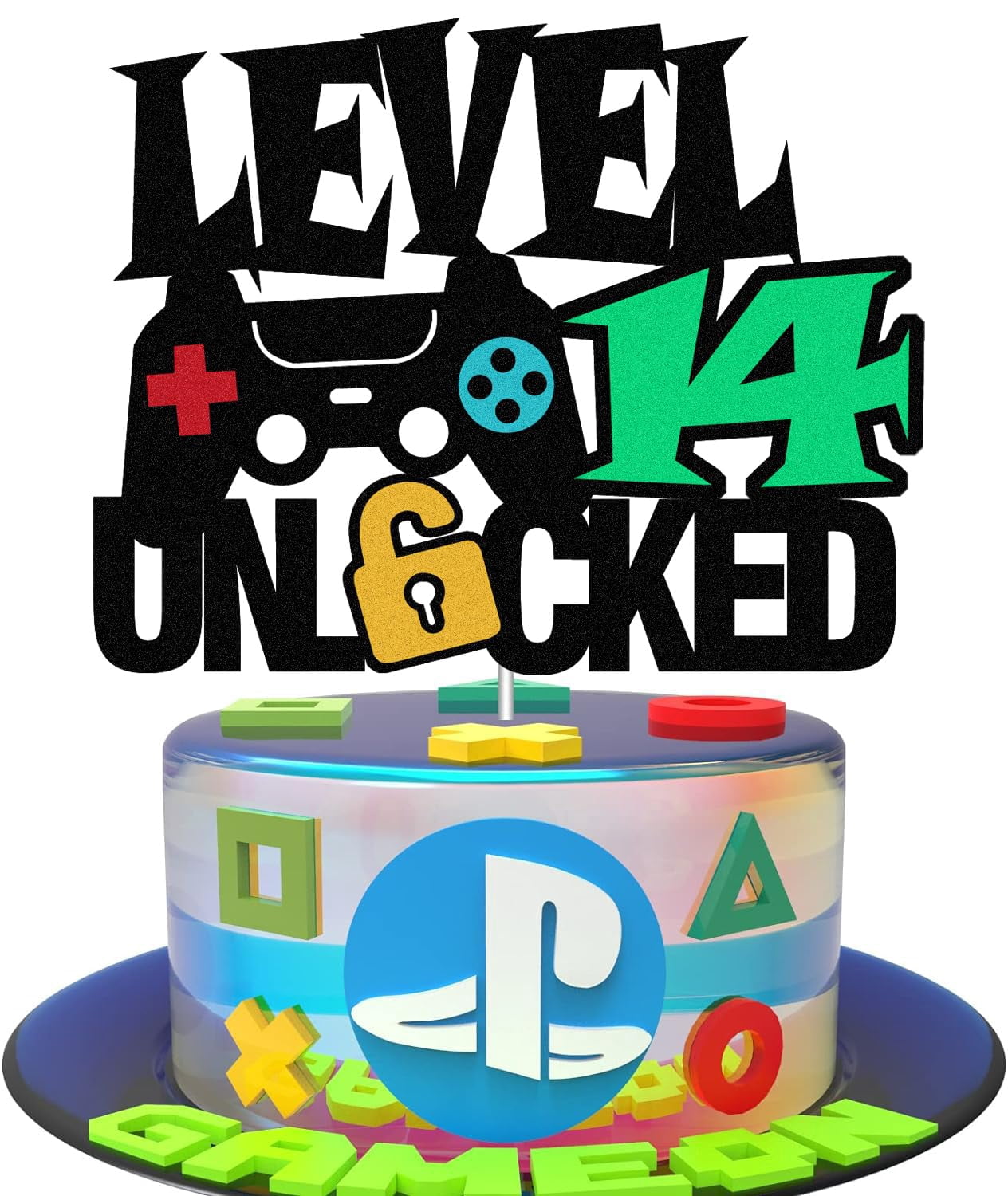 Level 11 Unlocked Cake Topper - Double Sided Glitter, Video Game Theme Birthday Decor For 11th Birthday Party