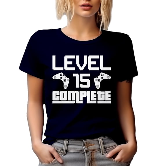 Level 15 Complete - Gaming Enthusiast or Video Gamer 15th Birthday, Navy Blue T-Shirt, XL