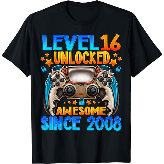 Level 16 Unlocked Awesome Since 2008 16th Birthday Gaming T-Shirt