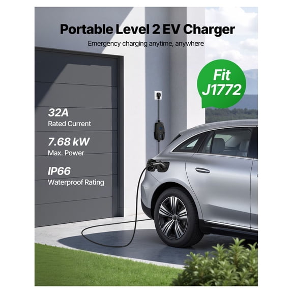 Level 2 EV Charger 32A Portable - 240V Electric Vehicle Charger with 25ft Cable & NEMA 14-50P Plug, J1772 Compatible, LCD Display