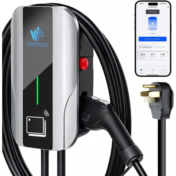 Level 2 EV Charger, 40 Amp 240V, w/ J1772 Connector, WiFi (2.4GHz) Enabled Electric Vehicle Charging Station, 25ft Cable, NEMA 14-50 Plug, IP65 Weatherproof Indoor/Outdoor, RFID & App Control
