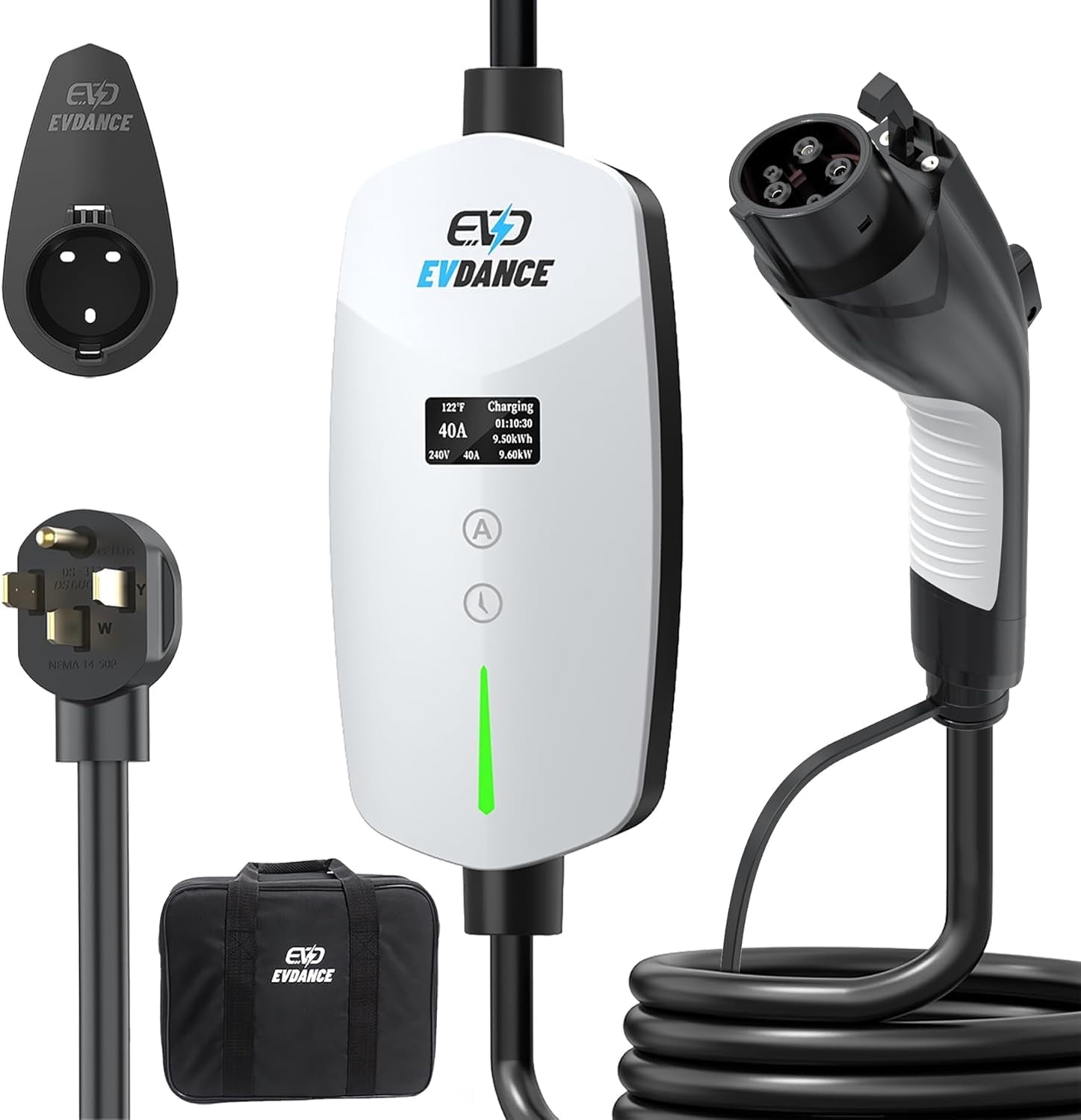 Level 2 EV Charger, 40A, 240V 9.6kW Portable Electric Vehicle Charging Station, NEMA 14-50 Plug, 25ft Cable, Adjustable Current & Timing Delay, J1772 Connector for BEVs/PHEVs