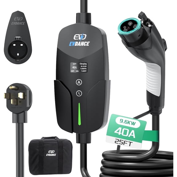Level 2 EV Charger, 40A/9.6KW Portable & Home Electric Vehicle Charging Stations with 25ft Charging Cable, NEMA 14-50 Plug, Adjustable Current & Timing Delay, EV Charger Compatible with All J1772 EVs