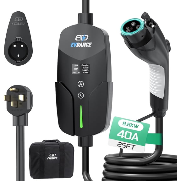 Level 2 EV Charger, 40A/9.6KW Portable & Home Electric Vehicle Charging Stations with 25ft Charging Cable, NEMA 14-50 Plug, Adjustable Current & Timing Delay, EV Charger Compatible with All J1772 EVs