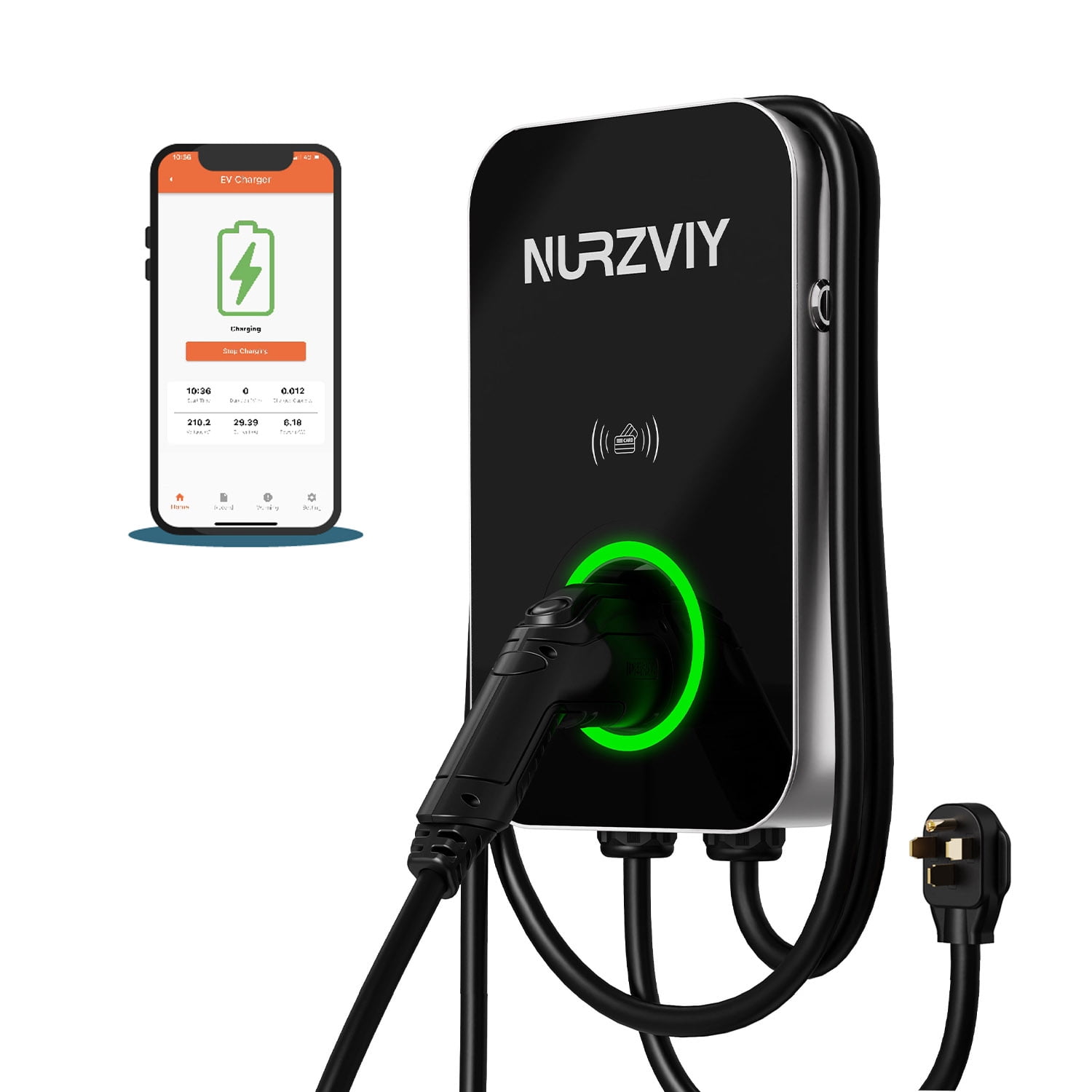 Level 2 EV Charger for Home - NURZVIY 40 Amp Plug-in Electric Vehicle Charging Station with WiFi/Bluetooth, NEMA 14-50 EVSE, Plug and Play Convenience