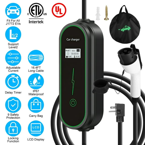 Level 2 EV Charger, Portable Electric Vehicle Charging Station w/ NEMA 6-20P Plug Carry Bag