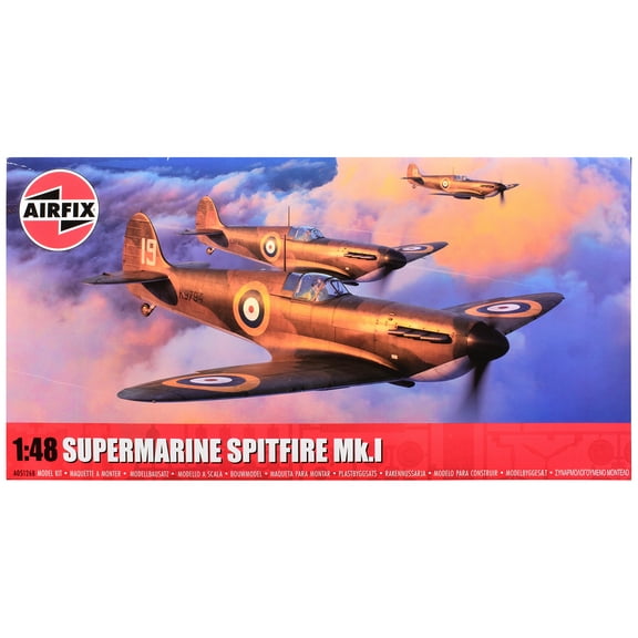 Level 2 Model Kit Supermarine Spitfire Mk.I Fighter Aircraft with 3 Scheme Options 1/48 Plastic Model Kit by Airfix