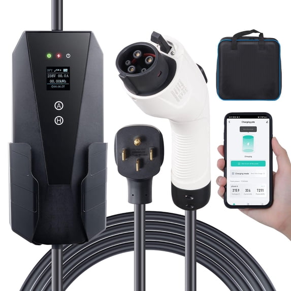Level 2 Portable EV Charger 32 Amp 240V with 28ft Cable NEMA 14-50 Plug Adjustable 16 20 24 32A Current for SAE J1772 Electric Vehicles