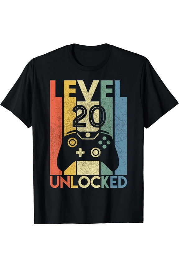 Level 20 Unlocked Shirt Funny Video Gamer 20th Birthday Gift T-ShirtMen and women, Black T-shirt, size: Extra large