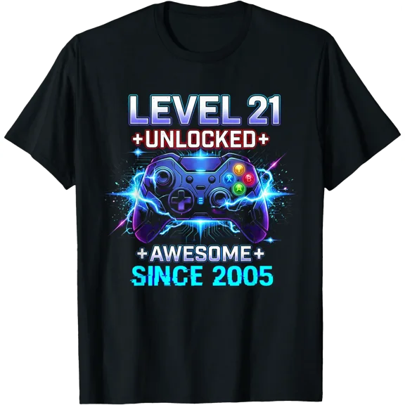 Level 21 Unlocked Awesome Since 2005 21st Birthday Boy Gamer T-Shirt, Unisex T-Shirt
