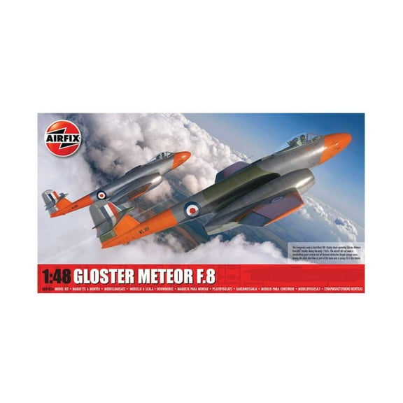 Level 3 Model Kit Gloster Meteor F.8 Aircraft with 2 Scheme Options 1/48 Scale Plastic Model Kit by Airfix