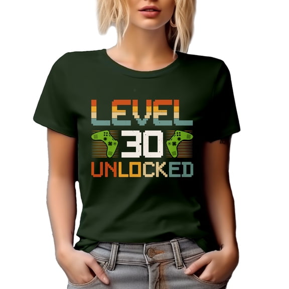 Level 30 Unlocked - Gaming Enthusiast or Video Gamer 30th Birthday, Military Green T-Shirt, Small