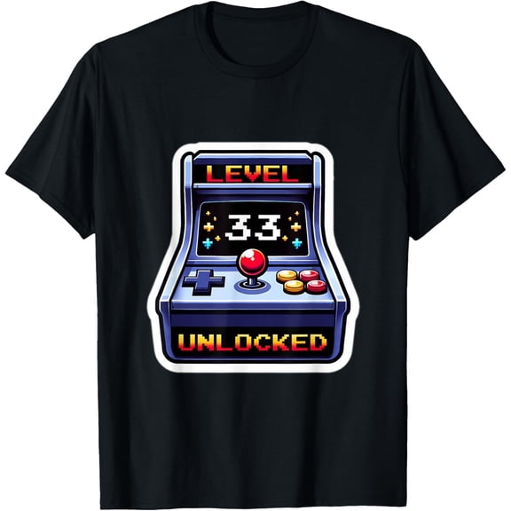 Level 33 unlocked, retro vintage gamer 33rd birthday Arcade T-Shirt men and women can wear, black, white, gifts