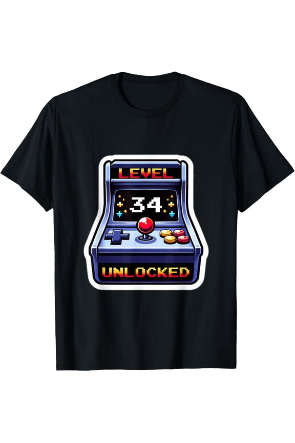 Level 34 unlocked, retro vintage gamer 34th birthday Arcade T-Shirt men and women can wear, black, white, gifts