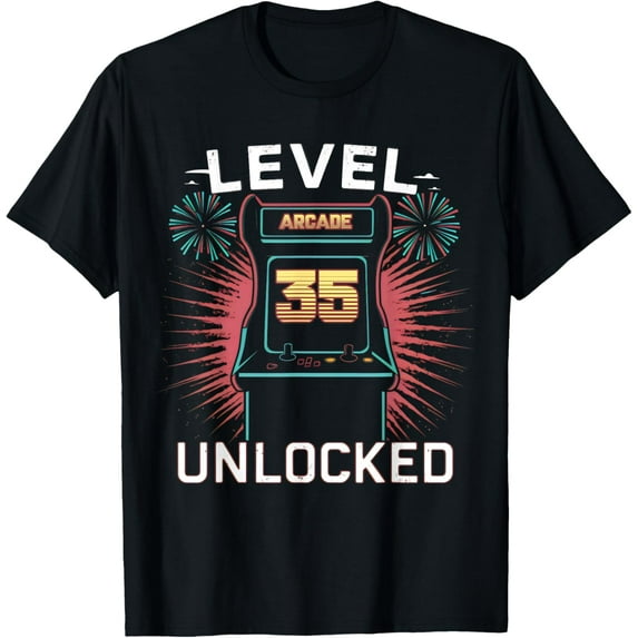 Level 35 Unlocked Video Game 35th Birthday Vintage Gamer 80s T-Shirt men and women can wear, black, white, gifts
