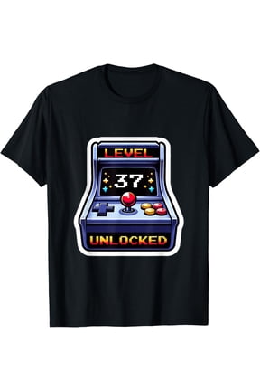 Level 37 unlocked, retro vintage gamer 37th birthday Arcade T-Shirt men and women can wear, black, white, gifts