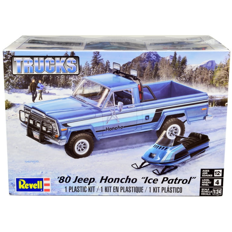 Level 4 Model Kit 1980 Jeep Honcho Pickup Truck Ice Patrol with  Snowmobile 1/24 Scale Model by Revell 