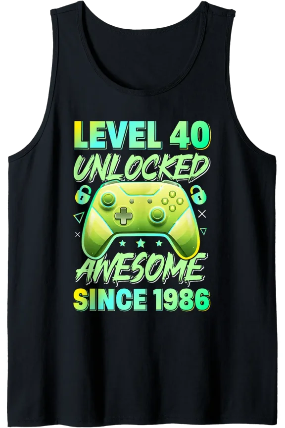 Level 40 Unlocked Awesome Since 1986 Green Controller Gamer Tank Top Size S-3XL