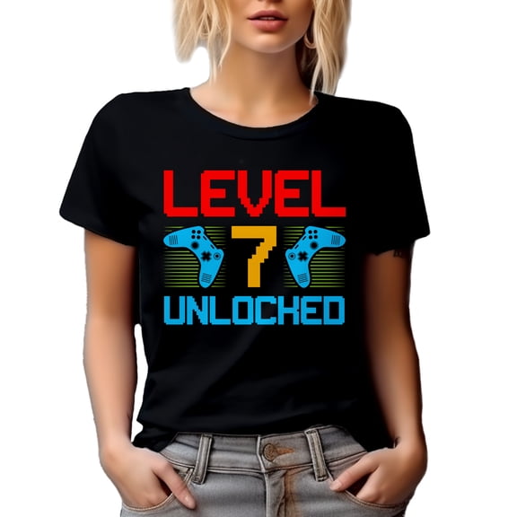 Level 7 Unlocked - Gaming Enthusiast or Video Gamer Birthday, Black T-Shirt, Large