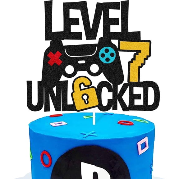 Level 7th Unlocked Cake Topper Game Controller 7s Cake Decoration Happy 7 Birthday Cake Decor Video Play Game Movie Theme Men Women Teenager Bday Party Event Celebration Supplies