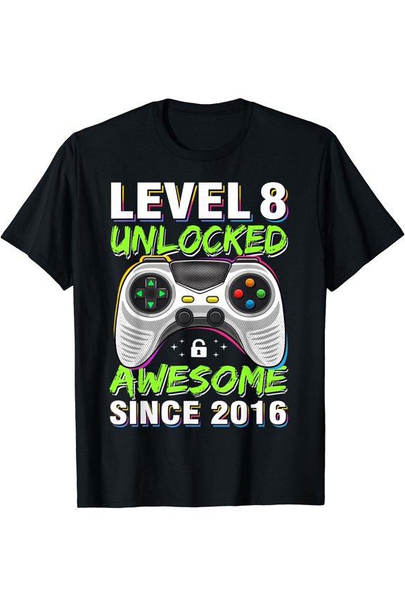 Level 8 Unlocked Awesome Since 2016 8Th Birthday Gaming Boys T-Shirt