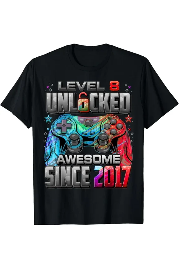 Level 8 Unlocked Awesome Since 2017 8Th Birthday Gaming T-Shirt Unisex S-5XL Hot Trending Shirt, Vintage Birthday Gift