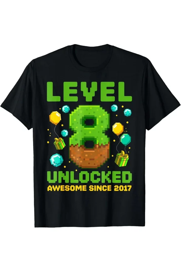 Level 8 Unlocked Awesome Since 2017 Pixel Birthday 8Th T-Shirt Unisex S-5XL Hot Trending Shirt, Vintage Birthday Gift