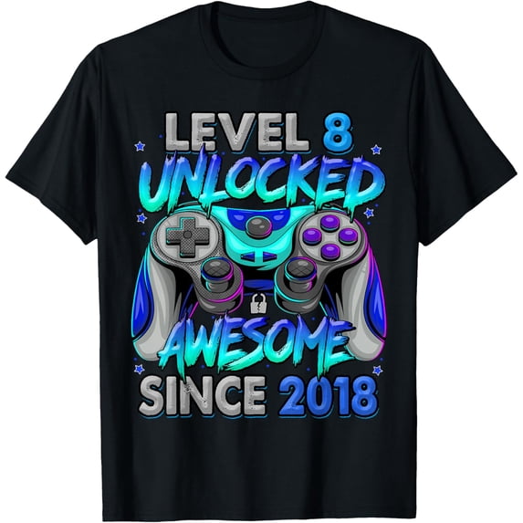 Level 8 Unlocked Awesome Since 2018 8th Birthday Gaming T-Shirt