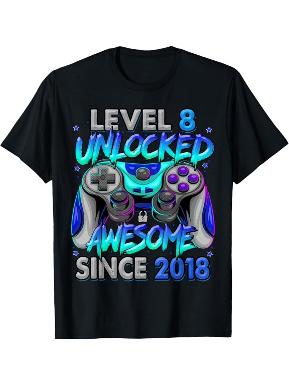 Level 8 Unlocked Awesome Since 2018 8th Birthday Gaming T-Shirt