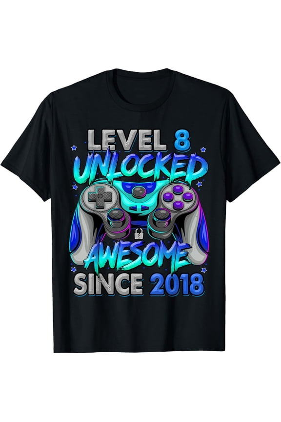 Level 8 Unlocked Awesome Since 2018 8th Birthday Gaming T-Shirt