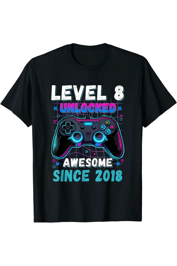 Level 8 Unlocked Awesome Since 2018 Eight 8th Birthday Boys T-Shirt