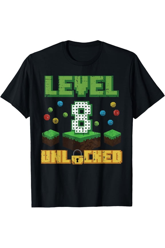 Level 8 Unlocked Pixel Gamer 8Th Birthday Gaming Boys Kids T-Shirt