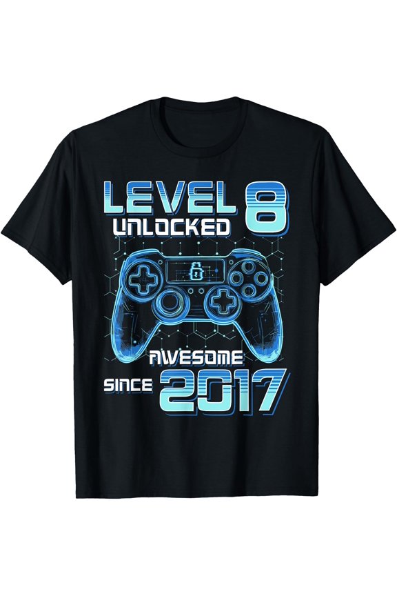 Level 8 Unlocked Video Game Party 8th Birthday Gamer Boys T-Shirt, Unisex T-Shirt