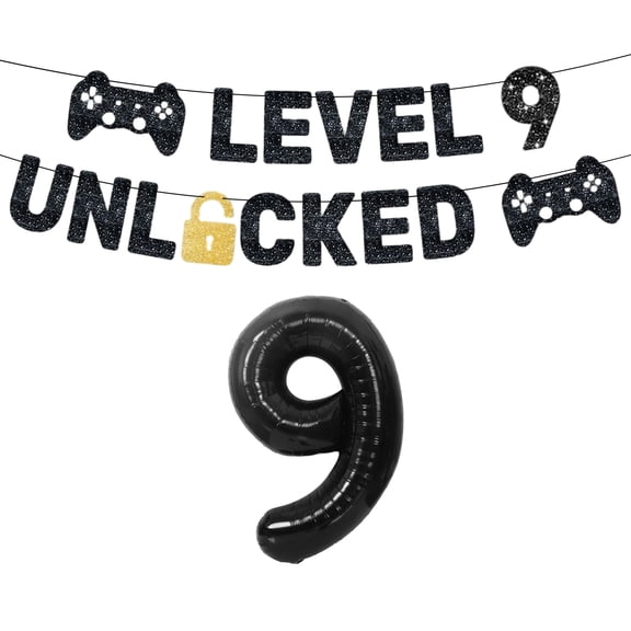 Level 9 Unlocked Game Theme Birthday Party Decorations - Black & Gold Cool Gaming Celebration Kit
