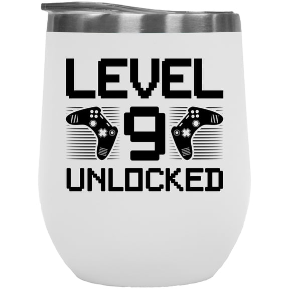 Level 9 Unlocked, Video Gamer or Gaming Enthusiast Birthday, White 12oz Wine Tumbler