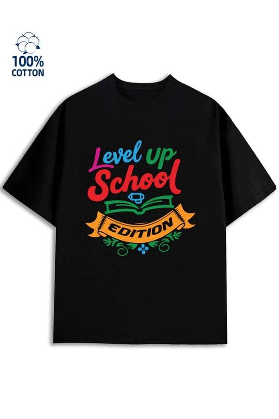 Level Up School for men 180G 100% Cotton black Funny Unisex Shirt Crewneck tshirts Retro Unisex Shirt Short Sleeve tshirts Funny Unisex Shirt Cotton tshirts Basic Unisex Shirt Graphic tshirts