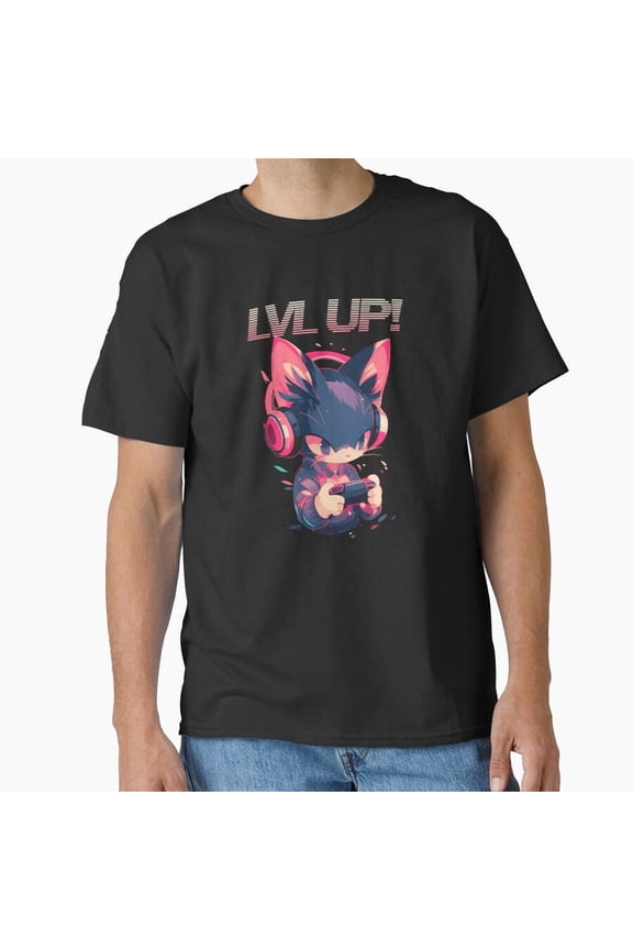 Level UP Feline Gamer Controller Console Video Game Humor Design Unisex T-Shirt, up to Size 5XL