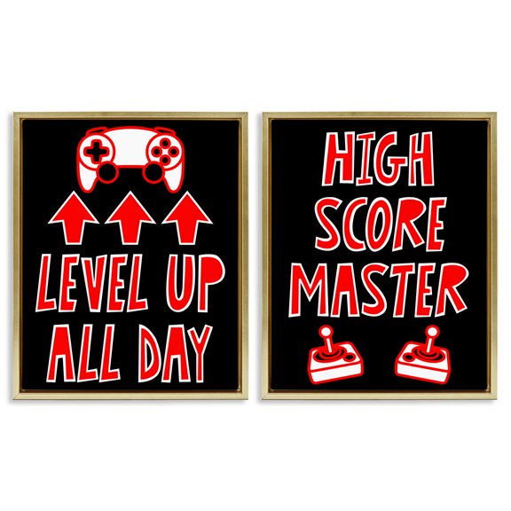 Stupell Industries Level Up High Score Gamer 2 Piece Gold Framed Floater Canvas Set, design by Marcus Prime