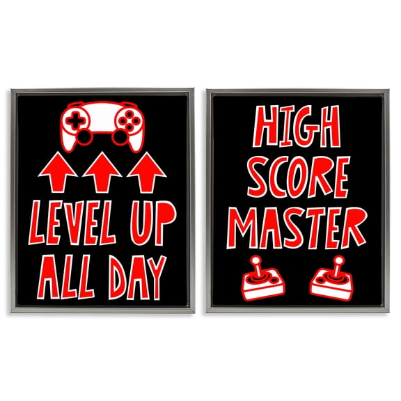 Stupell Industries Level Up High Score Gamer 2 Piece Gray Framed Floater Canvas Set, design by Marcus Prime