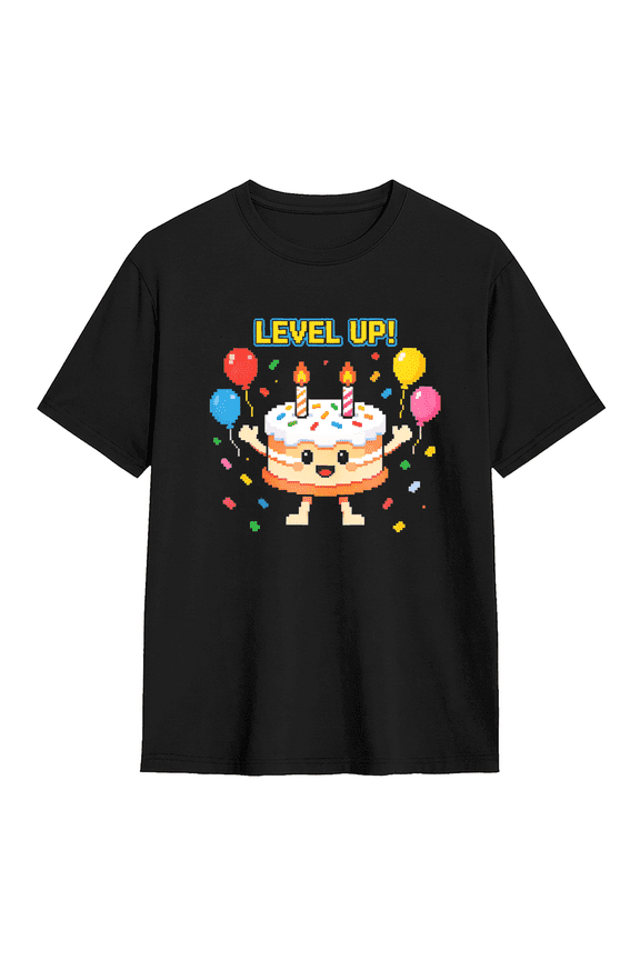 Level Up Pixel Cake Vintage Graphic Tee for Men and Women, Witty Birthday Gift Cotton Short Sleeves T-Shirt