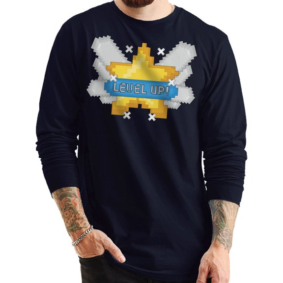 Level Up Star Embroidered Unisex Ring Spun Cotton Premium Long Sleeve T-shirt - Navy 2XL