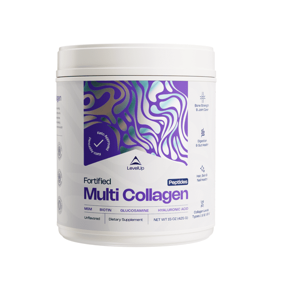 LevelUp Multi-Collagen Protein Powder: Enhanced with Hyaluronic Acid, Biotin, MSM, Glucosamine - Finest Sources, Superior Mixability, Neutral Taste - 425 Grams, Unflavored