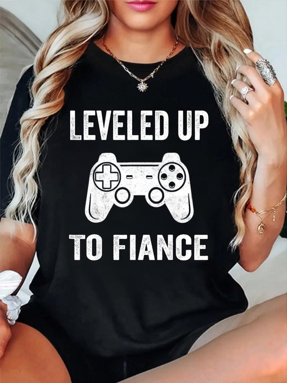 Leveled Up To Fiance Newly Engaged Couple Men Gift For Him Relaxed Fit Classic Comfort Cotton T-Shirt Women's Men's Graphic Tee Crew Neck summer vacation Tops