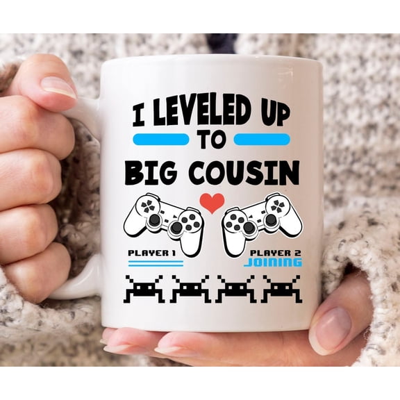 Leveled Up To Big Cousin Mug, B1aby AnnounceM1ent Gaming Coffee Cup For S1oon To Be Big Cousins, Video Game Gift For B1O Gir1ls, Gamer Cousin