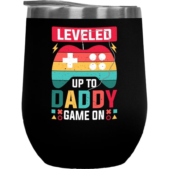 Leveled Up to Daddy, Game On, Gamer Pregnancy Announcement, Black 12oz Wine Tumbler