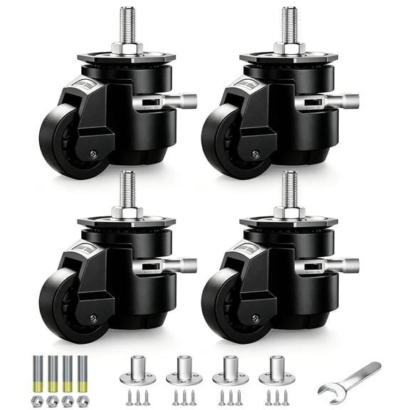 Leveling Casters Set of 4, Heavy Duty Workbench Stem Caster Wheels with T-Nuts, Adjustable Retractable Swivel Industrial Castors with Ratchet Handle, Load 2200 Lbs (Stem Size 1/2" and M12)